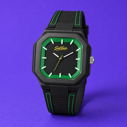 Relógio para adolescente Saint Venice Ollie Green, quadrado, preto com aro verde e pulseira de silicone preta com filete verde