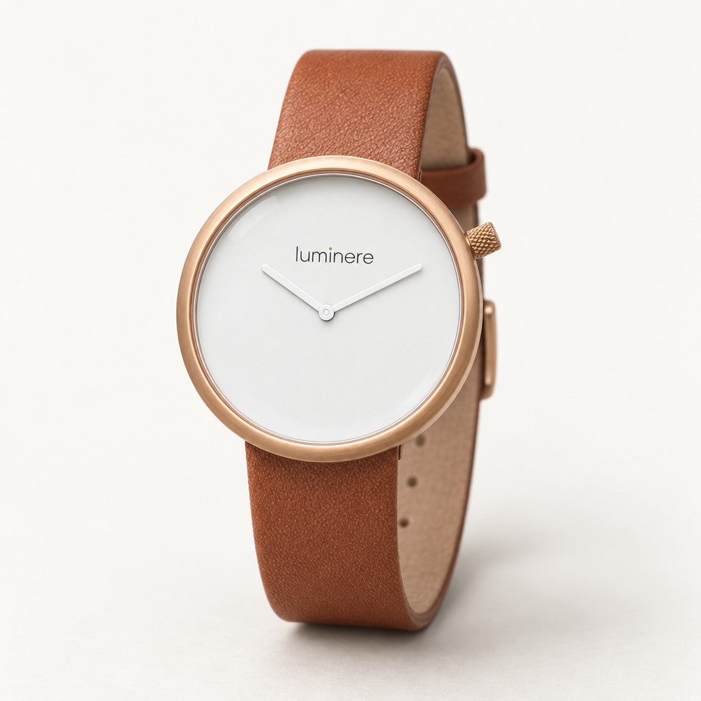 Relógio Luminere Lagom Rose com caixa rose de 40 mm, mostrador branco sem números e pulseira caramelo