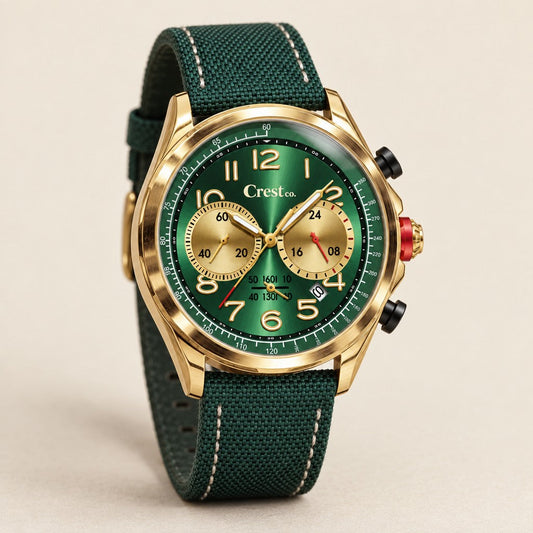 Relógio Crest Co. Silverstone com mostrador verde, caixa dourada de 43 mm, coroa vermelha e pulseira de nylon verde